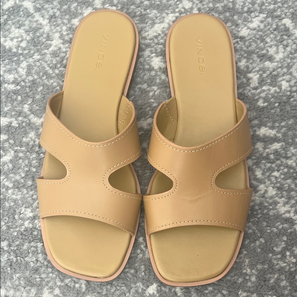Vince Nude Tan Cutout Leather Slide Sandals